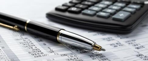 The elegant pen and calculator on financial documents for detailed analysis. photo