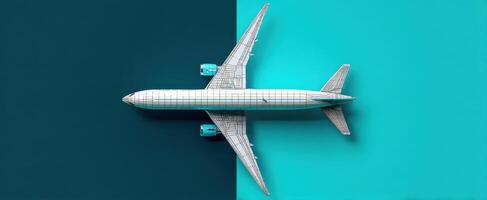 The airplane model on a vibrant turquoise and dark background. photo