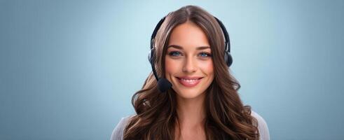The smiling woman wearing a headset in a professional setting. photo