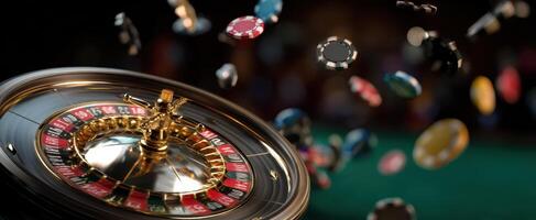 The roulette wheel spinning amidst colorful chips in a lively casino setting. photo