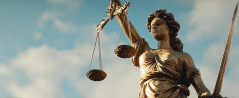 The Golden Lady Justice Holding Scales Against a Blue Sky. photo