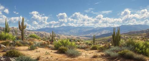 The vibrant desert landscape showcasing towering cacti against a picturesque mountain backdrop. photo