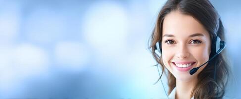 The smiling woman in a headset conveying excellent customer service. photo