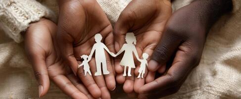 The Hands Holding a Paper Family Symbol Representing Unity and Protection photo