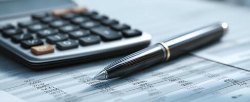 The pen and calculator on a financial spreadsheet for accounting and analysis. photo