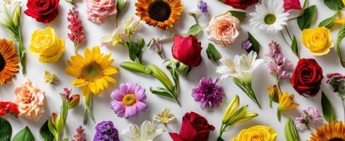 The Flatlay of Various Colorful Flowers Arranged on a White Background photo