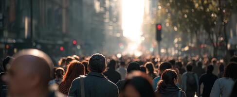The busy urban street filled with walking crowd at golden hour photo