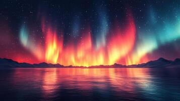 Stunning aurora borealis illuminates night sky with vibrant colors over calm lake photo