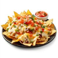 Nachos with melted cheese and side of salsa, arranged in layers and isolated on white background photo