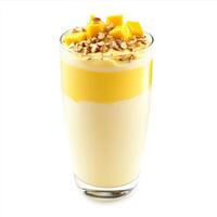 A glass of mango milkshake, with a creamy blend of mangoes, milk, and ice cream, garnished with photo