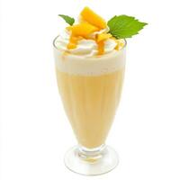 A glass of mango milkshake, with a creamy blend of mangoes, milk, and ice cream, isolated on clean photo