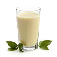 A glass of milk with leaves on a white background photo