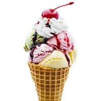 A close-up of a freshly made waffle cone, filled with scoops of colorful gelato in various flavors, photo