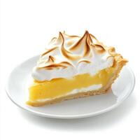 A well crafted shot of a slice of lemon meringue pie, featuring a tangy lemon custard and fluffy photo