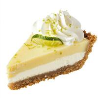 An enticing shot of a slice of key lime pie, its creamy filling resting on a graham cracker crust, photo
