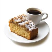 A delectable close-up of a slice of coffee cake, topped with a crumbly streusel and a dusting of photo