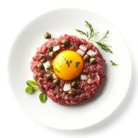 A well crafted shot of a plate of beef tartare, featuring raw ground beef with capers, onions, and photo