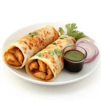 A plate of chicken kathi roll, with chicken cooked with spices and wrapped in a paratha, with onions photo