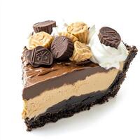 An enticing shot of a slice of chocolate peanut butter pie, featuring a creamy peanut butter filling photo
