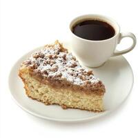An enticing shot of a slice of coffee cake, topped with a crumbly streusel and a dusting of powdered photo