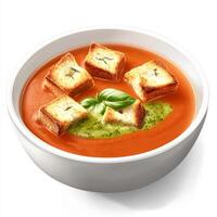 An artistic image of a bowl of creamy tomato soup, topped with grilled cheese croutons and a drizzle photo