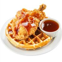 A detailed image of a plate of chicken and waffles, featuring crispy fried chicken and fluffy photo