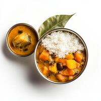 A bowl of vegetable aviyal, with a mixed vegetable curry in a coconut and yogurt sauce, served with photo