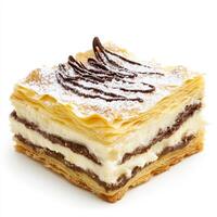 A piece of pastry with cream and powdered sugar photo