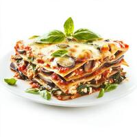 A vibrant plate of vegetable lasagna, with layers of zucchini, eggplant, mushrooms, spinach, ricotta photo