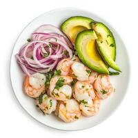 A plate of shrimp and scallop ceviche, shrimp and scallops marinated in lime juice, with red onions, photo