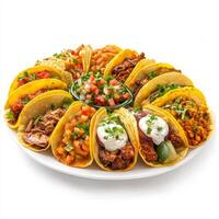 A platter of colorful tacos, each filled with a different combination of meat, vegetables, and salsa photo