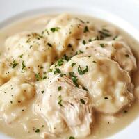 A close-up of a plate of chicken and dumplings, featuring tender chicken and fluffy dumplings in a photo