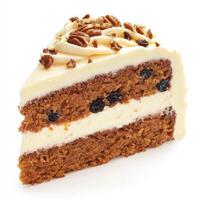 A meticulous close-up of a slice of carrot cake, featuring moist cake layers with cream cheese photo