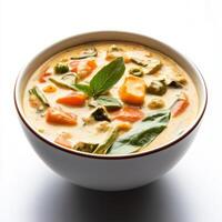 A bowl of vegetable aviyal, with a mixed vegetable curry in a coconut and yogurt sauce, isolated on photo