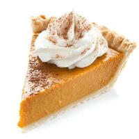 A close-up of a slice of pumpkin pie, its crust flaky and golden brown, topped with a dollop of photo