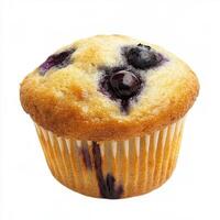 A close-up of a single perfect blueberry muffin, its top golden brown and bursting with plump photo