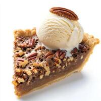A close-up of a slice of decadent pecan pie, its filling rich and gooey, topped with a scoop of photo