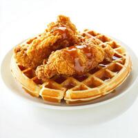 An enticing image of a plate of chicken and waffles, featuring crispy fried chicken and fluffy photo