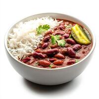 A bowl of rajma chawal, with red kidney beans cooked in a spicy tomato sauce, served with rice and a photo