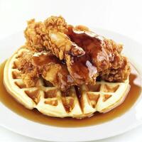 A meticulous close-up of a plate of chicken and waffles, featuring crispy fried chicken and fluffy photo