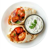 A plate of chicken tikka masala wrap, with chicken tikka masala wrapped in a roti with onions and photo
