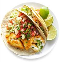 A delicious fish taco platter, with crispy fried or grilled fish, shredded cabbage, pico de gallo, photo