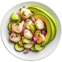 A plate of scallop aguachile, scallops marinated in lime juice, with cucumbers, red onions, and photo