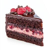 A close-up of a slice of decadent chocolate raspberry cake, its layers of moist chocolate cake and photo