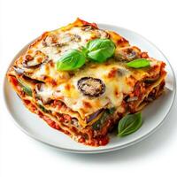 A plate of lasagna with vegetables and cheese photo