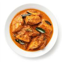 A plate of chicken curry with sauce and leaves photo