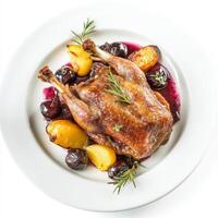 A close-up of a plate of duck confit, served with roasted root vegetables and a cherry sauce, photo