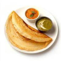 A close-up of a crispy dosa, filled with spiced potatoes and served with coconut chutney and sambar, photo