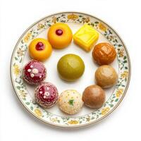 A selection of colorful Indian sweets, including gulab jamun, jalebi, and barfi, arranged on a photo