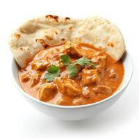 A bowl of creamy butter chicken curry, with chunks of chicken in a rich tomato and cream sauce, photo
